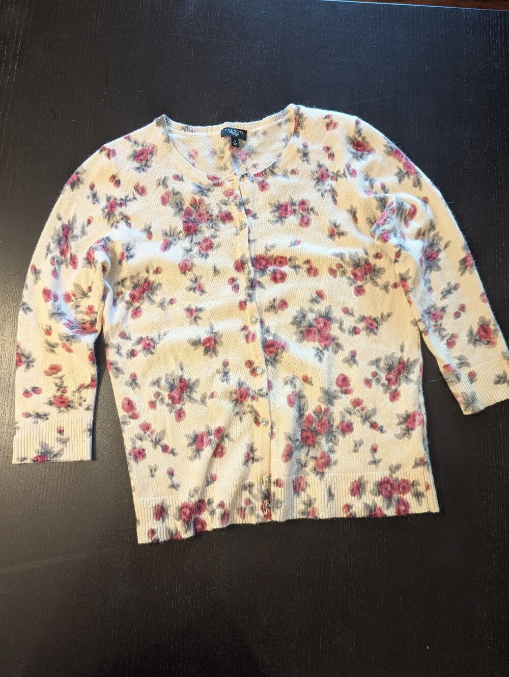 SP Talbots Cream Floral Grandma Cardigan with Pink Roses 3/4 Sleeve Wool Angora